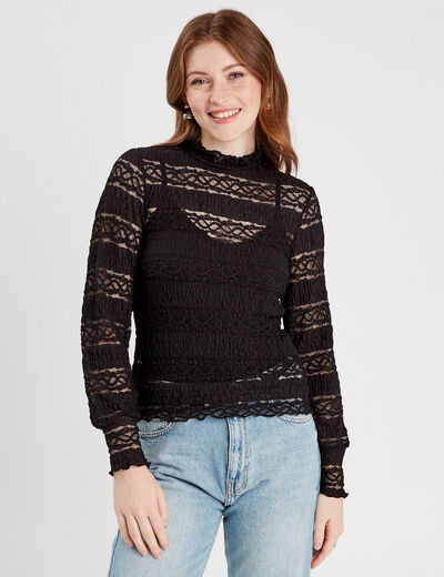 Blouse dentelle col montant noir femme