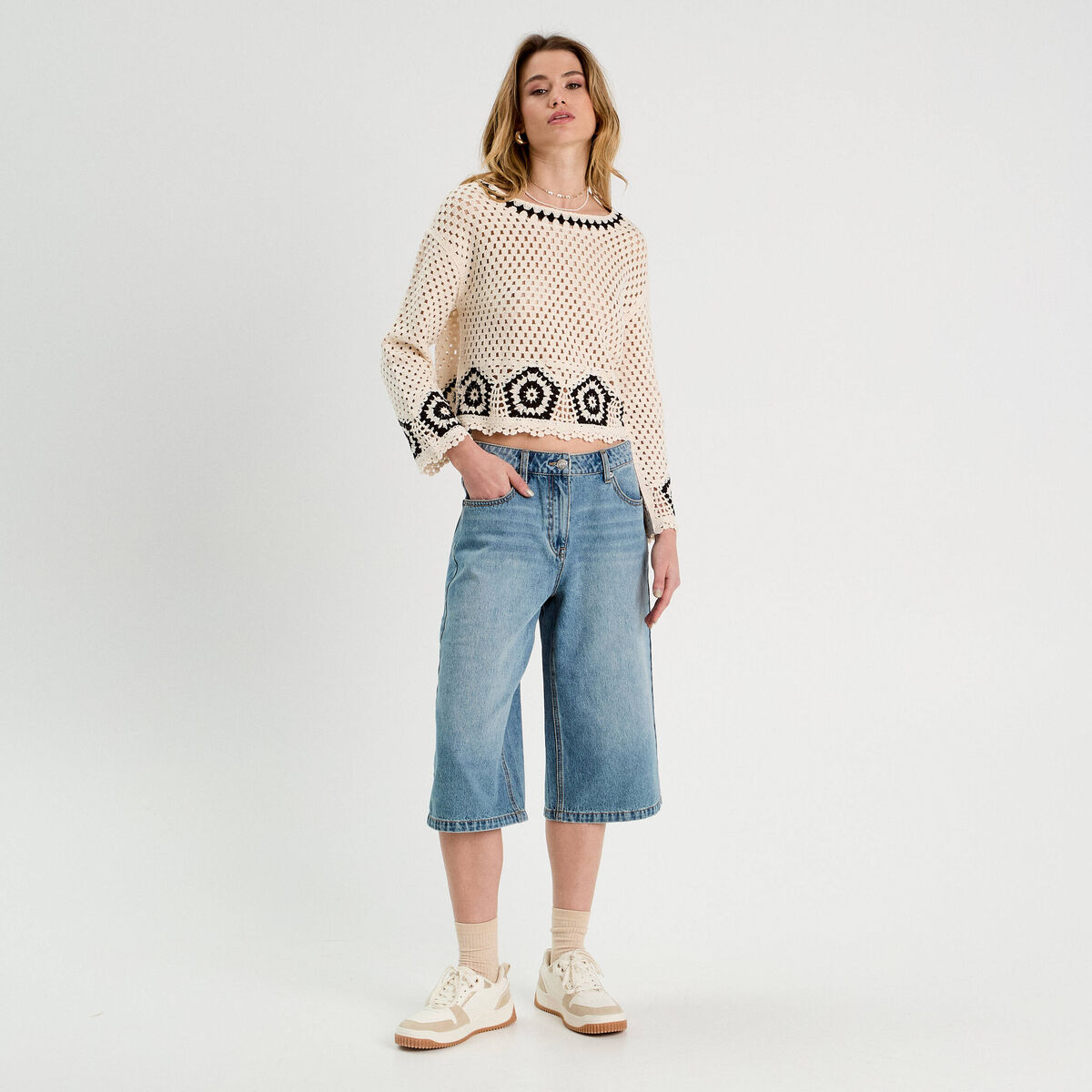 Pull effet crochet beige femme