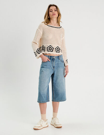 Pull effet crochet beige femme
