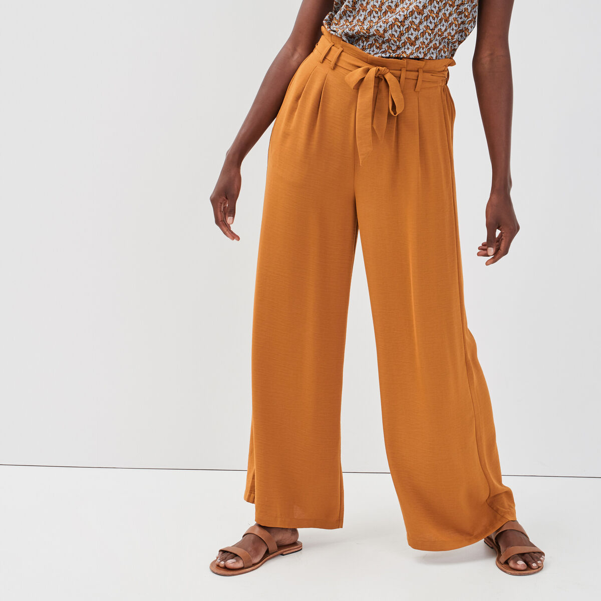 Pantalon large fluide camel femme