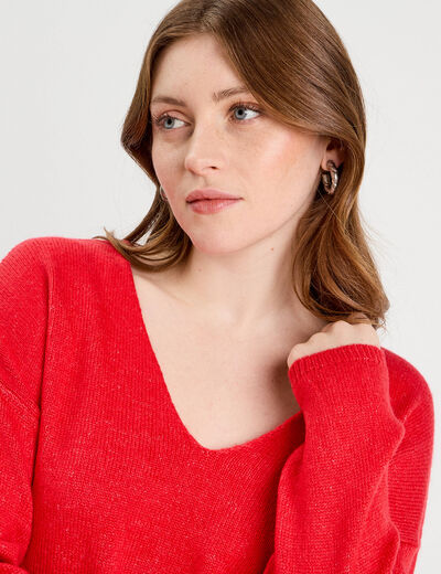 Pull manches longues col en V rouge femme