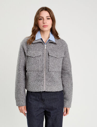 Veste zippée bouclette gris clair femme