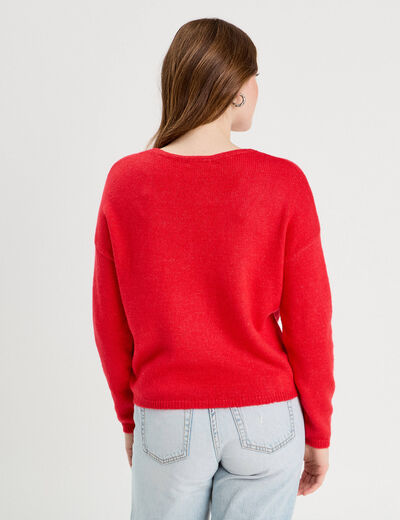 Pull manches longues col en V rouge femme