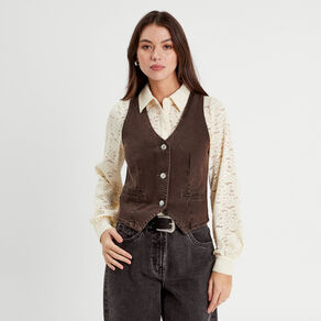 Veston sans manches en jean marron foncé femme