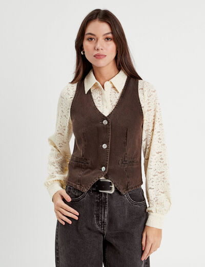 Veston sans manches en jean marron foncé femme