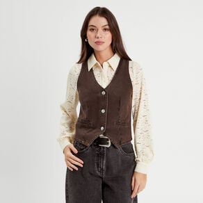 veston sans manches en jean marron fonce femme Veston sans manches en jean marron foncé femme