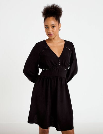 Robe &eacute;vas&eacute;e col v manches longues noir femme