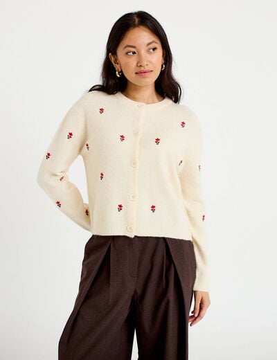 Gilet manches longues broderies col rond beige femme