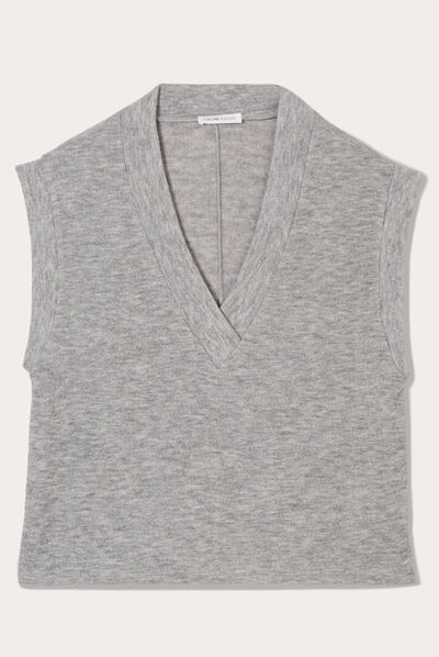 Pull sans manches col en V gris clair femme