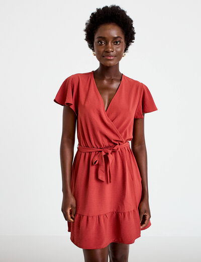 Robe courte &eacute;vas&eacute;e col v manches courtes vieux rose femme