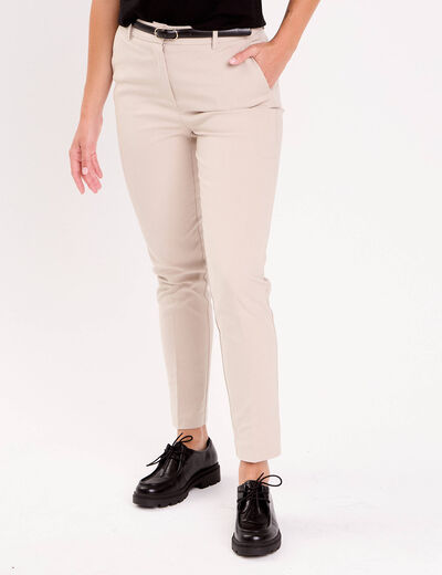 Pantalon cigarette ceintur&eacute; beige femme