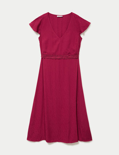 Robe longue droite col v manches courtes rouge femme