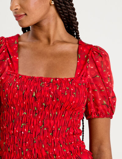 Blouse manches courtes smockée blanc femme