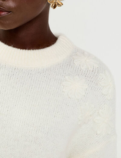Pull brod&eacute; manches longues ecru femme