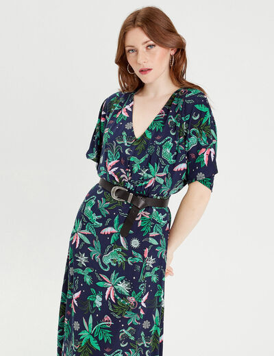 Robe longue évasée col en V bleu marine femme