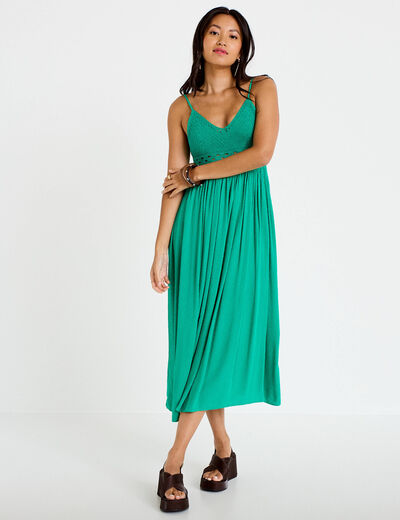 Robe longue bi-mati&egrave;re col v vert femme