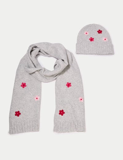 Lot &eacute;charpe bonnet avec broderie gris fonc&eacute; femme