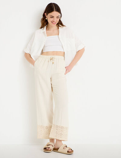 Pantalon large bi-mati&egrave;re pliss&eacute; ecru femme