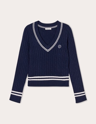 Pull manches longues torsades bleu marine femme