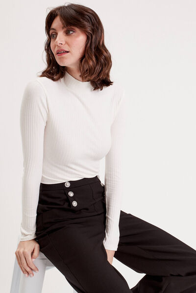 T-shirt côtelé col montant ecru femme