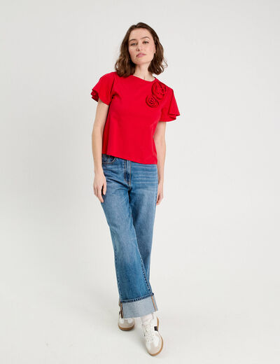 T-shirt détails fleurs rouge femme