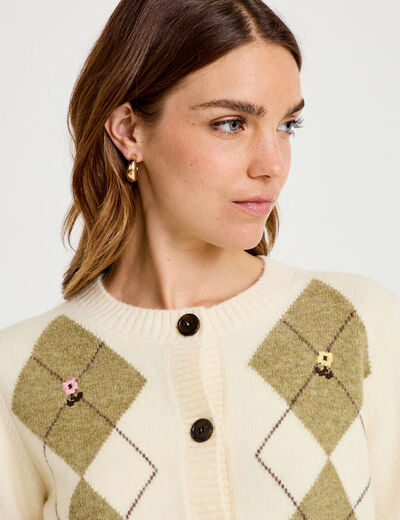 Gilet broderie col rond manches longues ecru femme