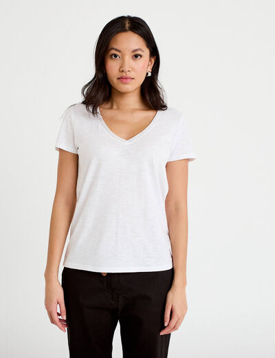 T-shirt col v manches courtes blanc femme