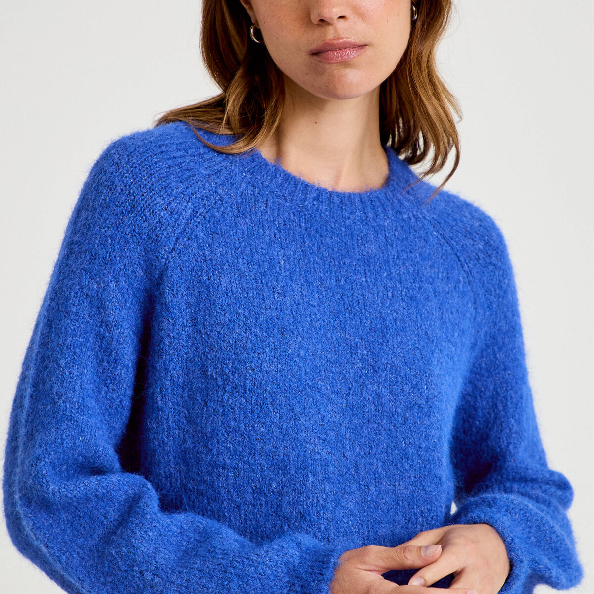 Pull ample col rond manches longues bleu electrique femme