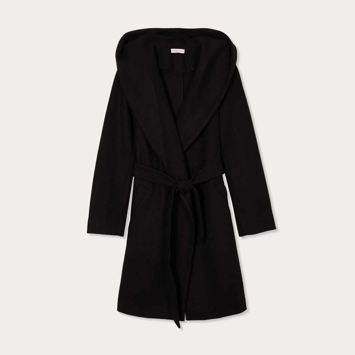 Manteau ceinturé à capuche noir femme