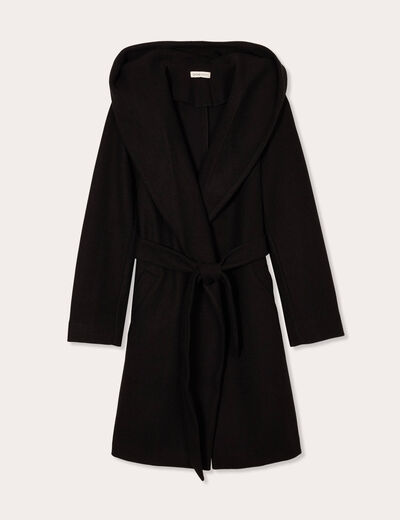 Manteau ceinturé à capuche noir femme
