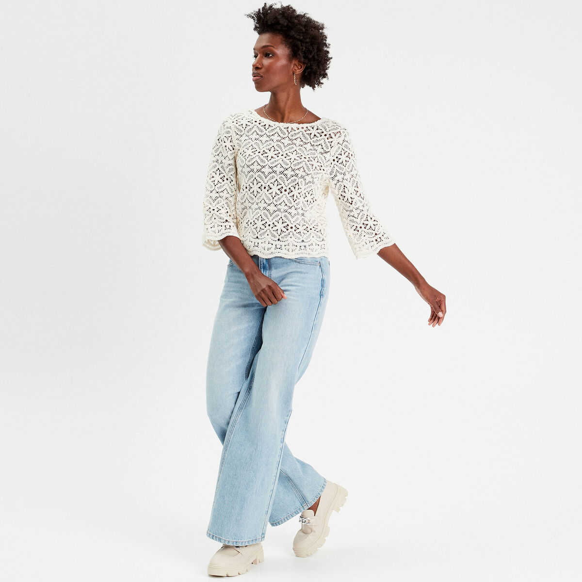 T-shirt manches 3/4 macramé ecru femme