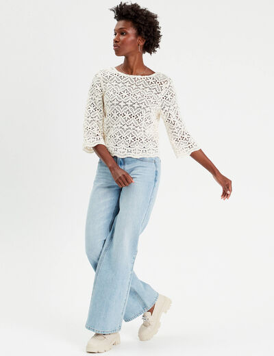 T-shirt manches 3/4 macramé ecru femme