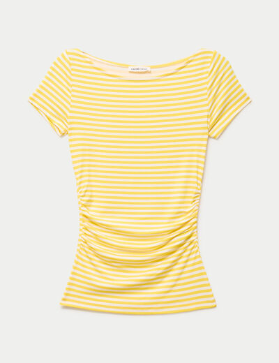 Top ajust&eacute; col bateau manches courtes jaune pastel femme