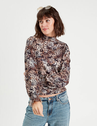 T-shirt col montant marron femme