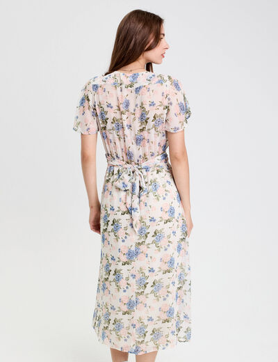 Robe évasée col v manches courtes blanc femme