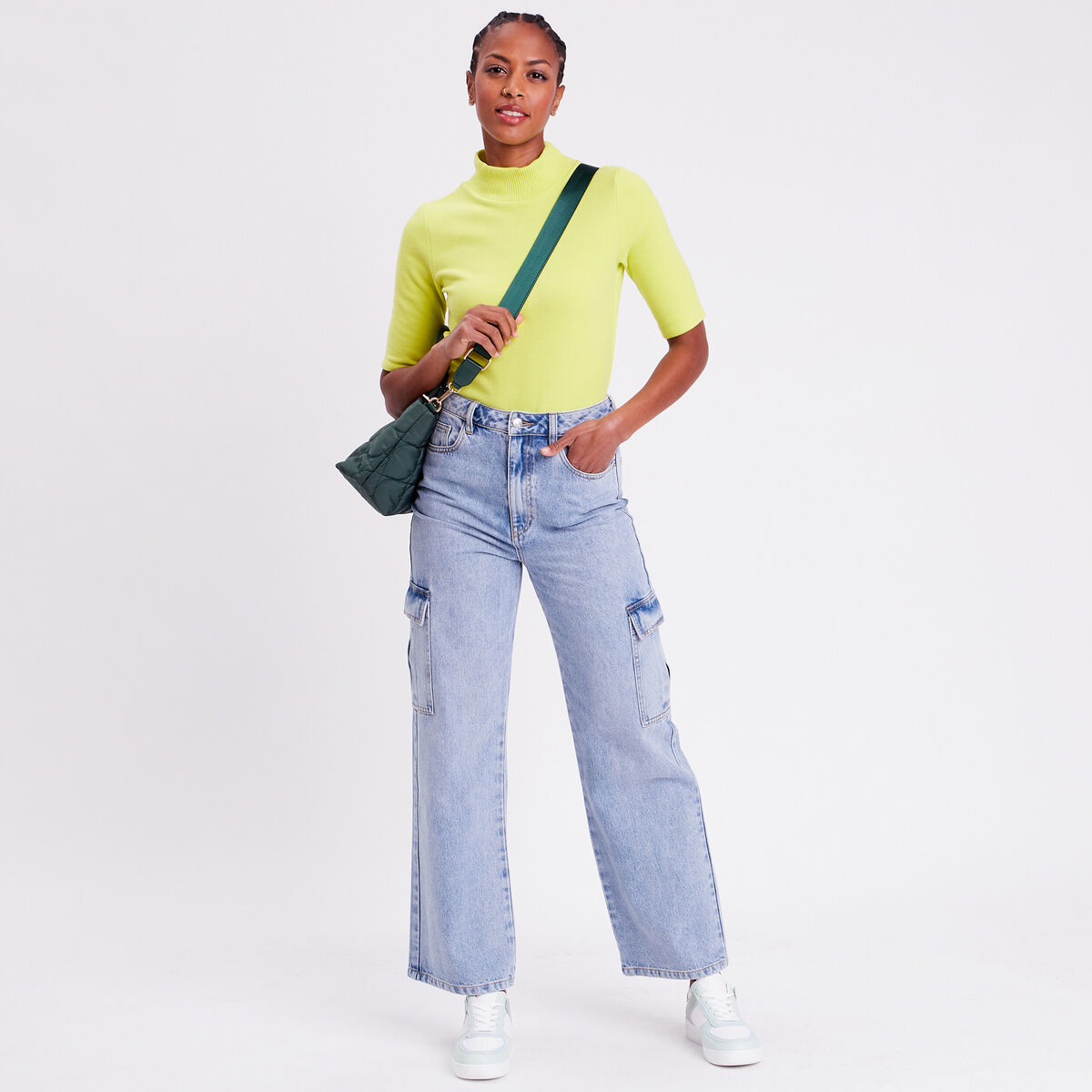 T-shirt côtelé col montant jaune citron femme