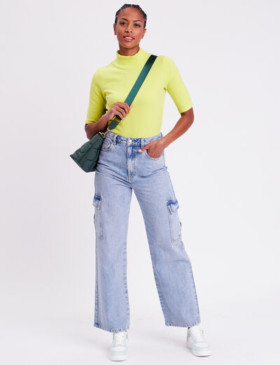 T-shirt côtelé col montant jaune citron femme