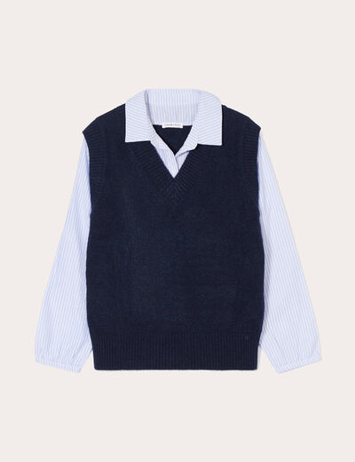 Pull 2-en-1 col en V bleu marine femme