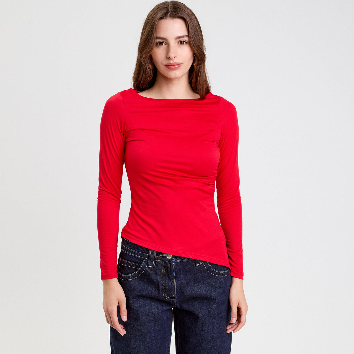 Top cintr&eacute; manches longues rouge femme
