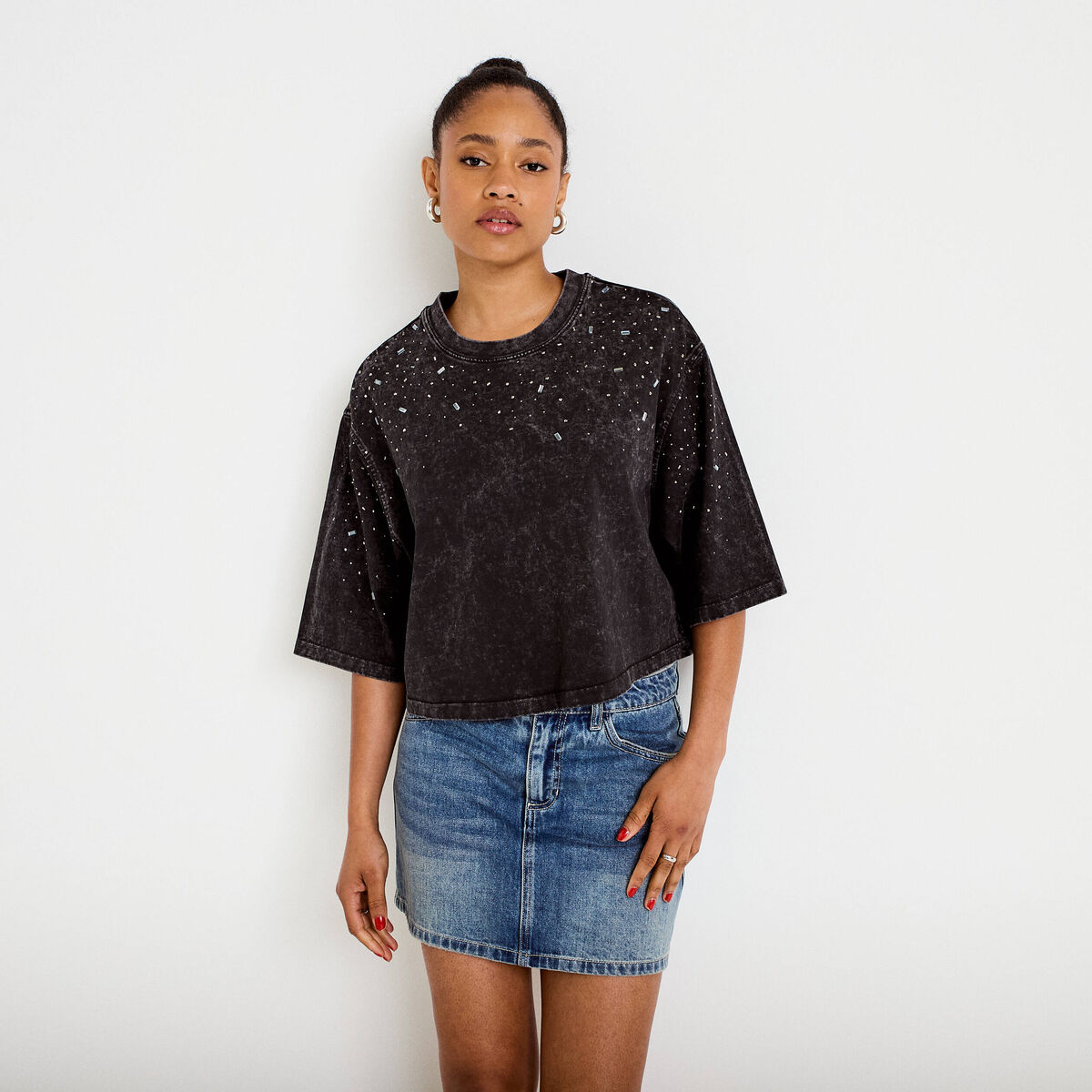 Jupe-short droite en jean denim double stone femme