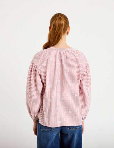 Blouse vichy brod&eacute;e rose femme