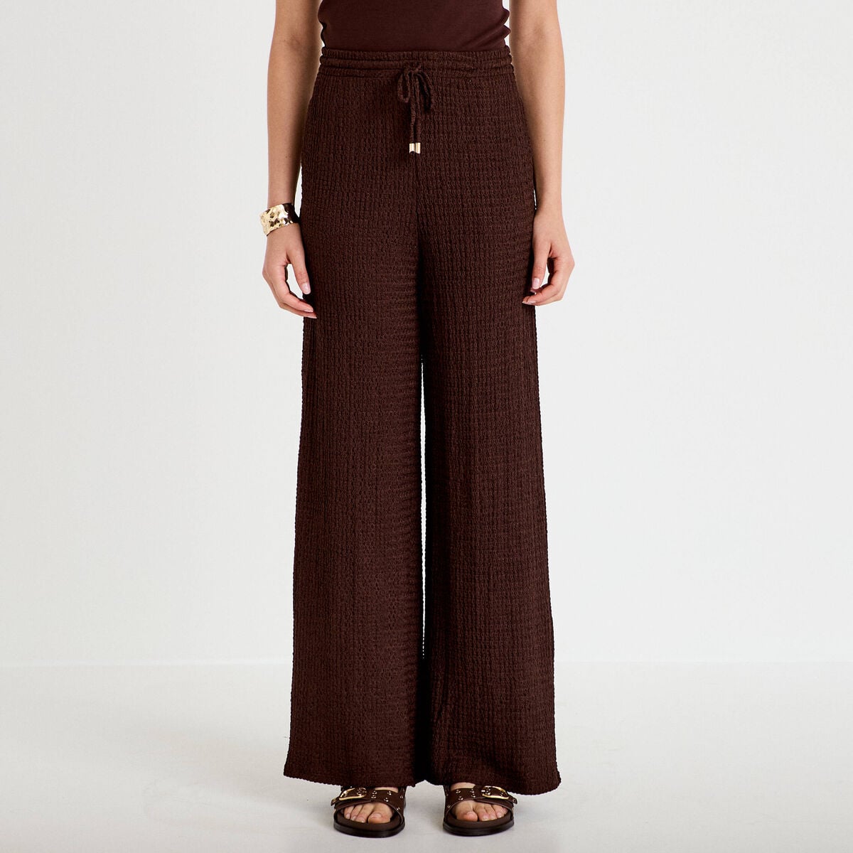 Pantalon large taille standard marron fonc&eacute; femme