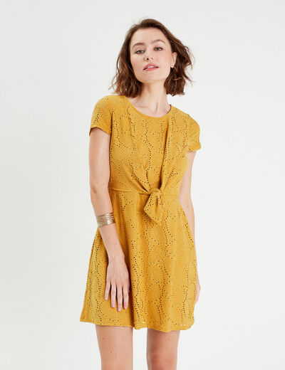 Robe évasée détail noeud jaune moutarde femme