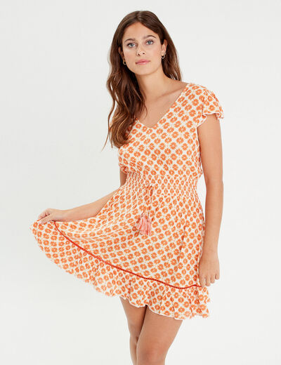 Robe évasée taille smockée orange femme