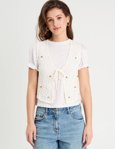 Gilet noué effet crochet ecru femme