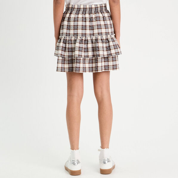 jupe evasee avec volants marron fonce femme Jupe évasée avec volants marron foncé femme