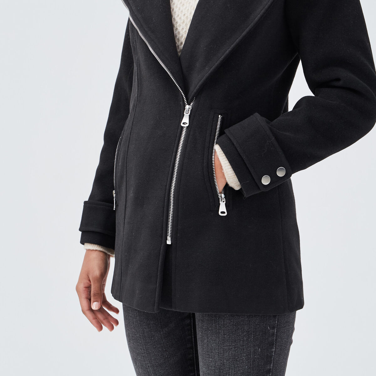 Manteau droit avec capuche noir femme