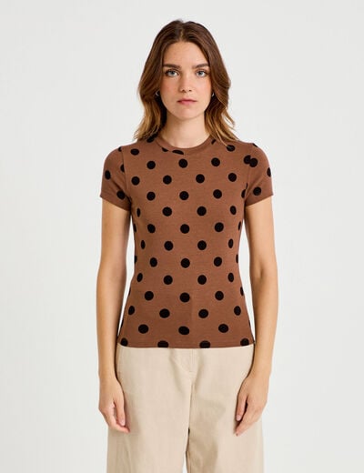 Top ajust&eacute; col rond manches courtes marron femme