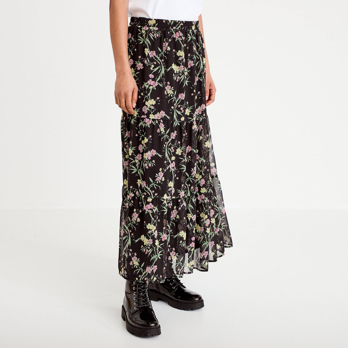 Jupe longue &eacute;vas&eacute;e en voile transparent noir femme