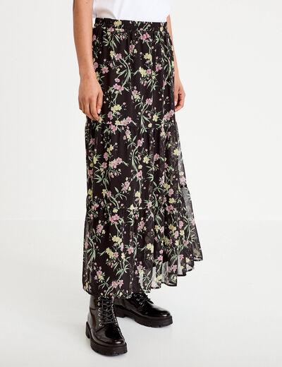Jupe longue &eacute;vas&eacute;e en voile transparent noir femme